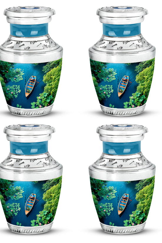 Deep Teal Boat Cremation Urn back view with polished surface - stylized abstract boat pattern with bold lines - 10 inch aluminum urn for cremated remains