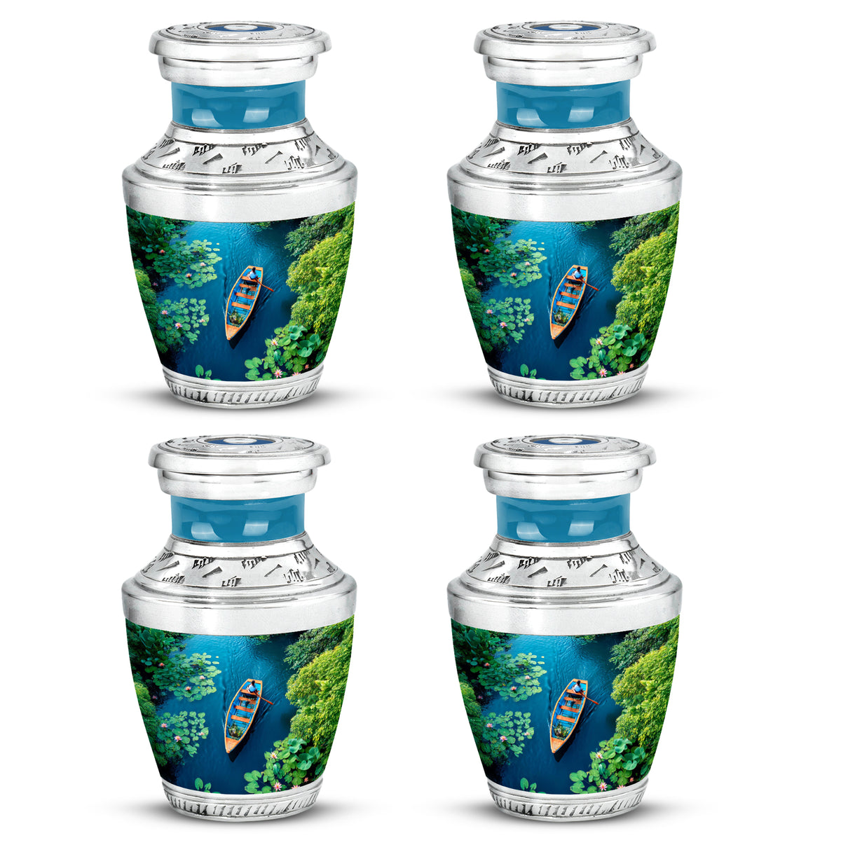 Deep Teal Boat Cremation Urn back view with polished surface - stylized abstract boat pattern with bold lines - 10 inch aluminum urn for cremated remains