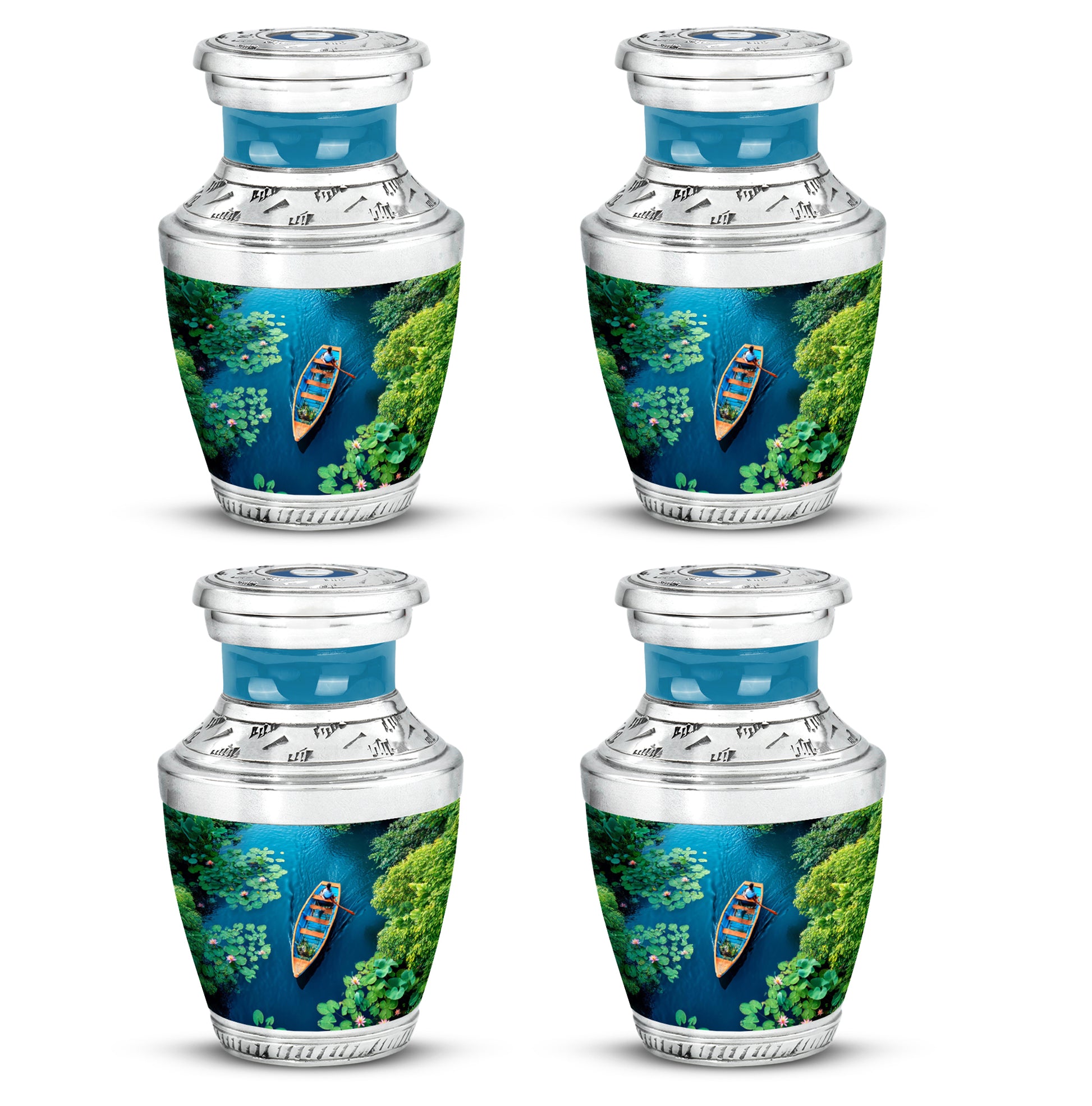 Deep Teal Boat Cremation Urn back view with polished surface - stylized abstract boat pattern with bold lines - 10 inch aluminum urn for cremated remains
