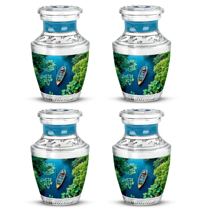 Deep Teal Boat Cremation Urn back view with polished surface - stylized abstract boat pattern with bold lines - 10 inch aluminum urn for cremated remains
