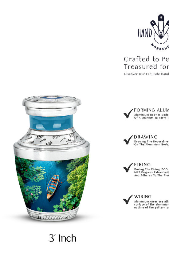 Tropical Teal Boat Cremation Urn top-down view of secure threaded lid - stylized abstract boat pattern with bold lines - mini keepsake memorial for portion of cremation ashes