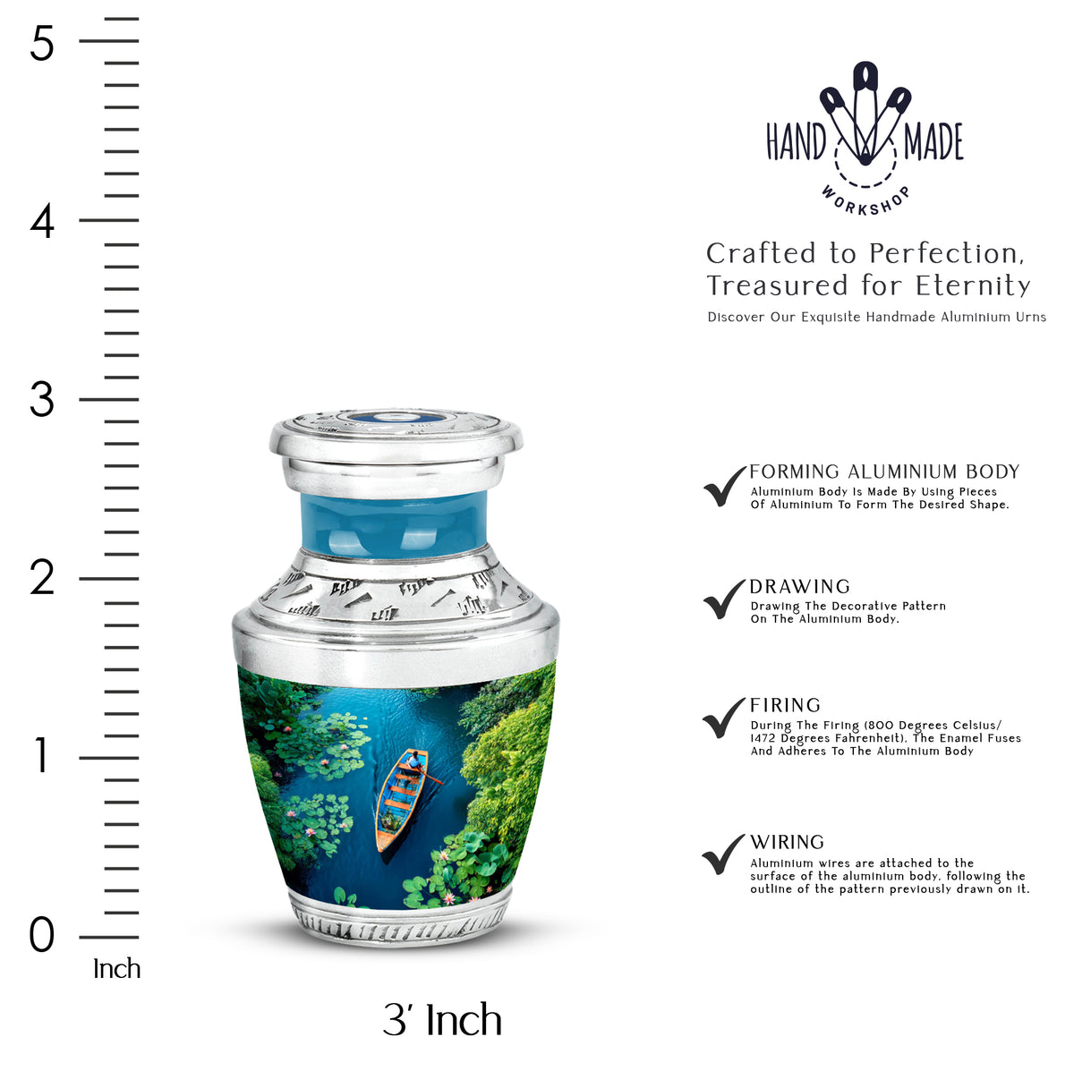 Tropical Teal Boat Cremation Urn top-down view of secure threaded lid - stylized abstract boat pattern with bold lines - mini keepsake memorial for portion of cremation ashes
