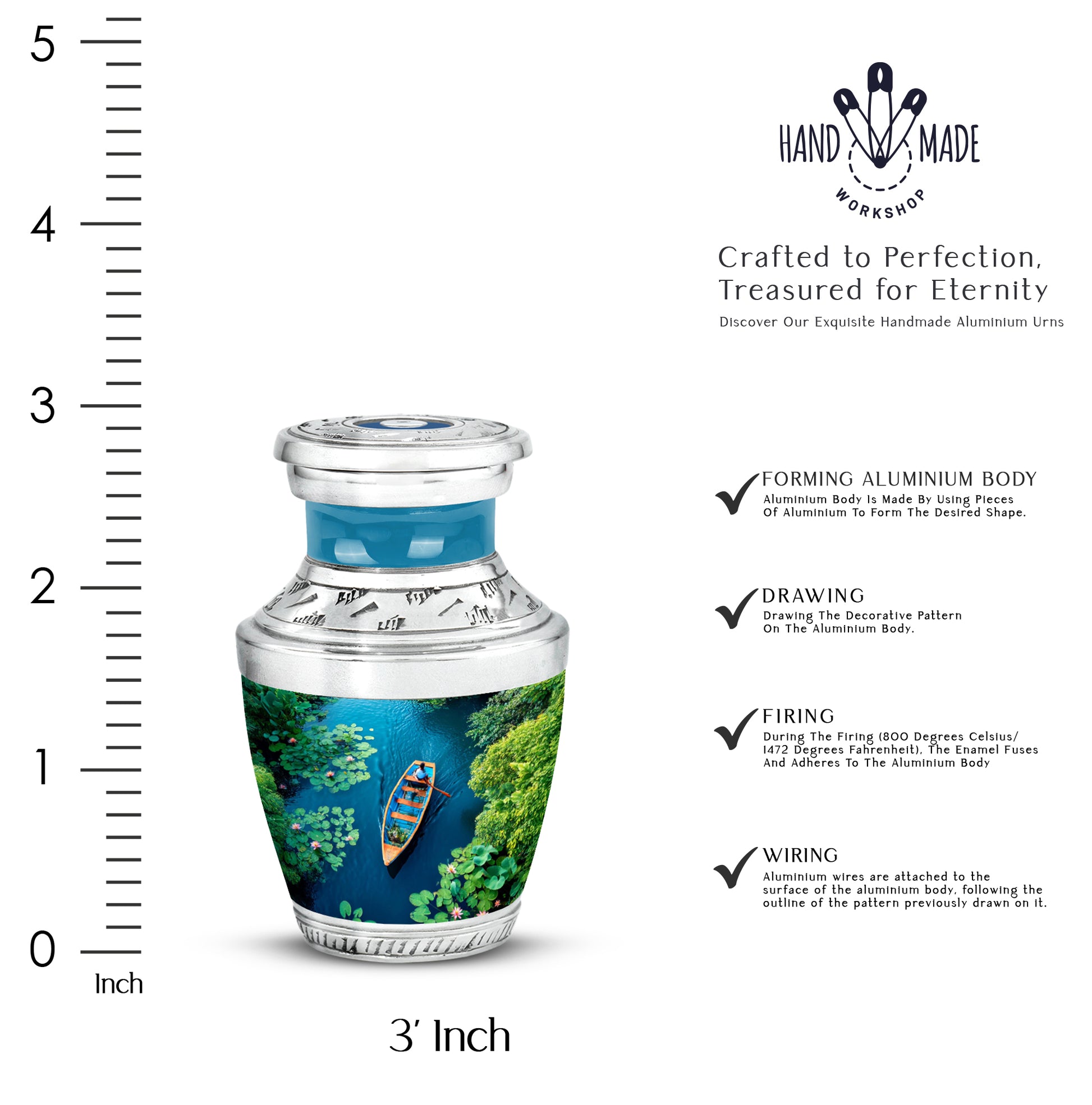 Tropical Teal Boat Cremation Urn top-down view of secure threaded lid - stylized abstract boat pattern with bold lines - mini keepsake memorial for portion of cremation ashes