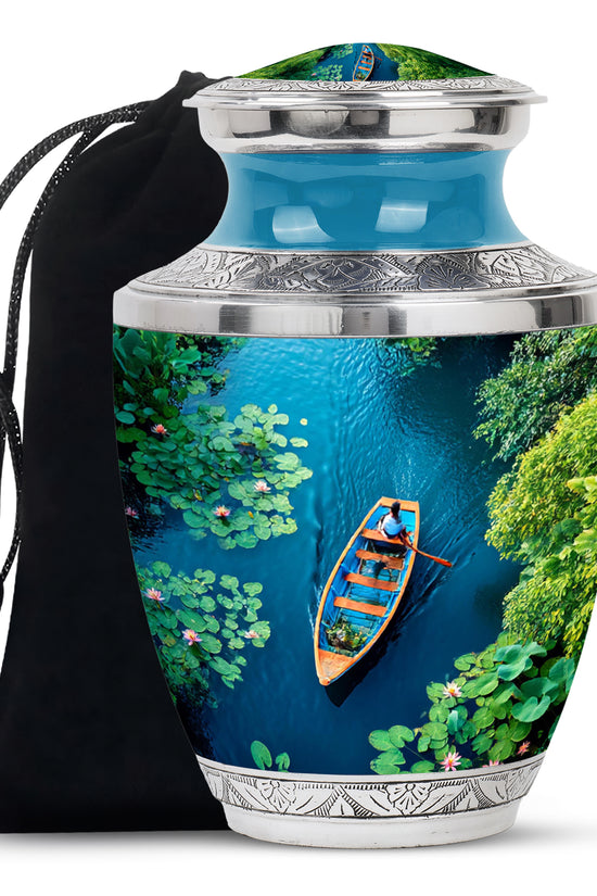 Ocean Teal Boat Cremation Urn side profile showing urn shape - contemporary boat design with modern artistic flair - full-size 10 inch 200 cubic inch adult cremation urn
