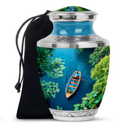 Ocean Teal Boat Cremation Urn side profile showing urn shape - contemporary boat design with modern artistic flair - full-size 10 inch 200 cubic inch adult cremation urn