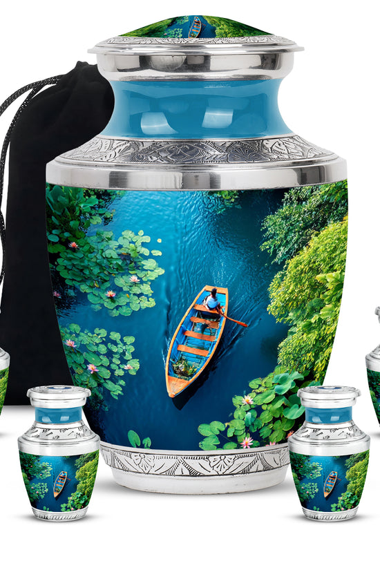 Mystic Teal Boat Cremation Urn lifestyle display on memorial shelf - stylized abstract boat pattern with bold lines - memorial set with one large and four small urns