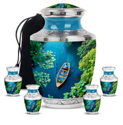 Mystic Teal Boat Cremation Urn lifestyle display on memorial shelf - stylized abstract boat pattern with bold lines - memorial set with one large and four small urns