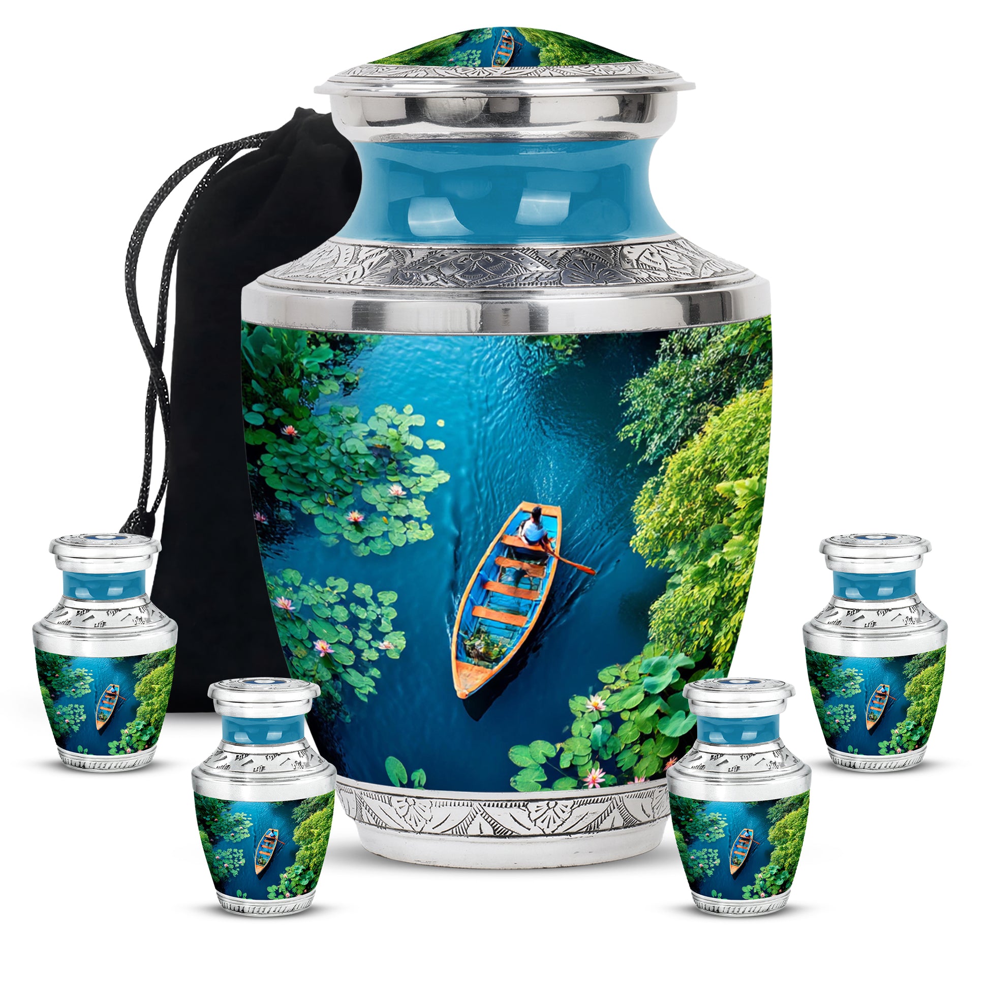 Mystic Teal Boat Cremation Urn lifestyle display on memorial shelf - stylized abstract boat pattern with bold lines - memorial set with one large and four small urns