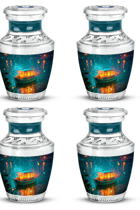 Tropical Teal Boat Cremation Urn back view with polished surface - artistic boat interpretation with creative detail - 10 inch aluminum urn for cremated remains