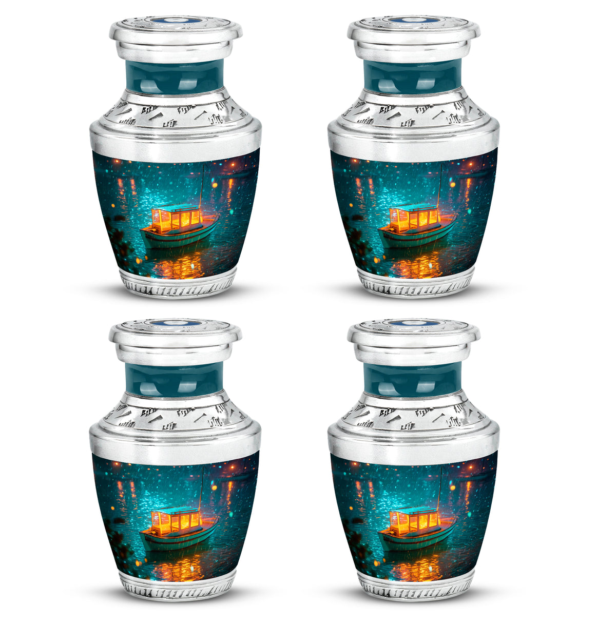 Tropical Teal Boat Cremation Urn back view with polished surface - artistic boat interpretation with creative detail - 10 inch aluminum urn for cremated remains