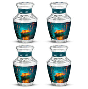 Tropical Teal Boat Cremation Urn back view with polished surface - artistic boat interpretation with creative detail - 10 inch aluminum urn for cremated remains