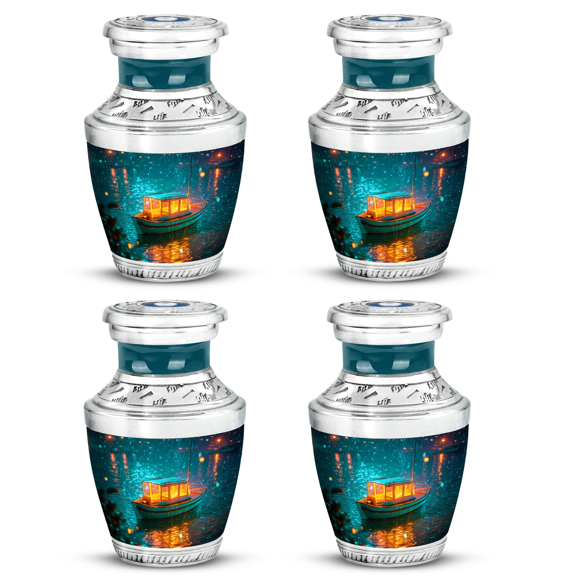 Tropical Teal Boat Cremation Urn back view with polished surface - artistic boat interpretation with creative detail - 10 inch aluminum urn for cremated remains