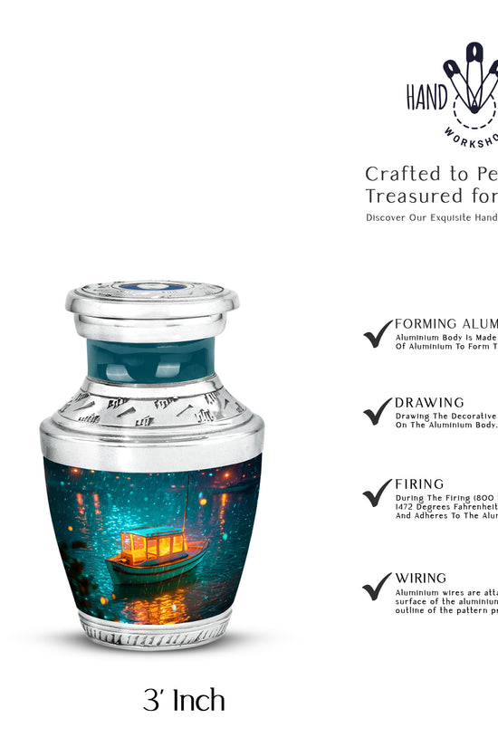 Jewel Teal Boat Cremation Urn top-down view of secure threaded lid - modern art-inspired boat motif on sleek aluminum - mini keepsake memorial for portion of cremation ashes