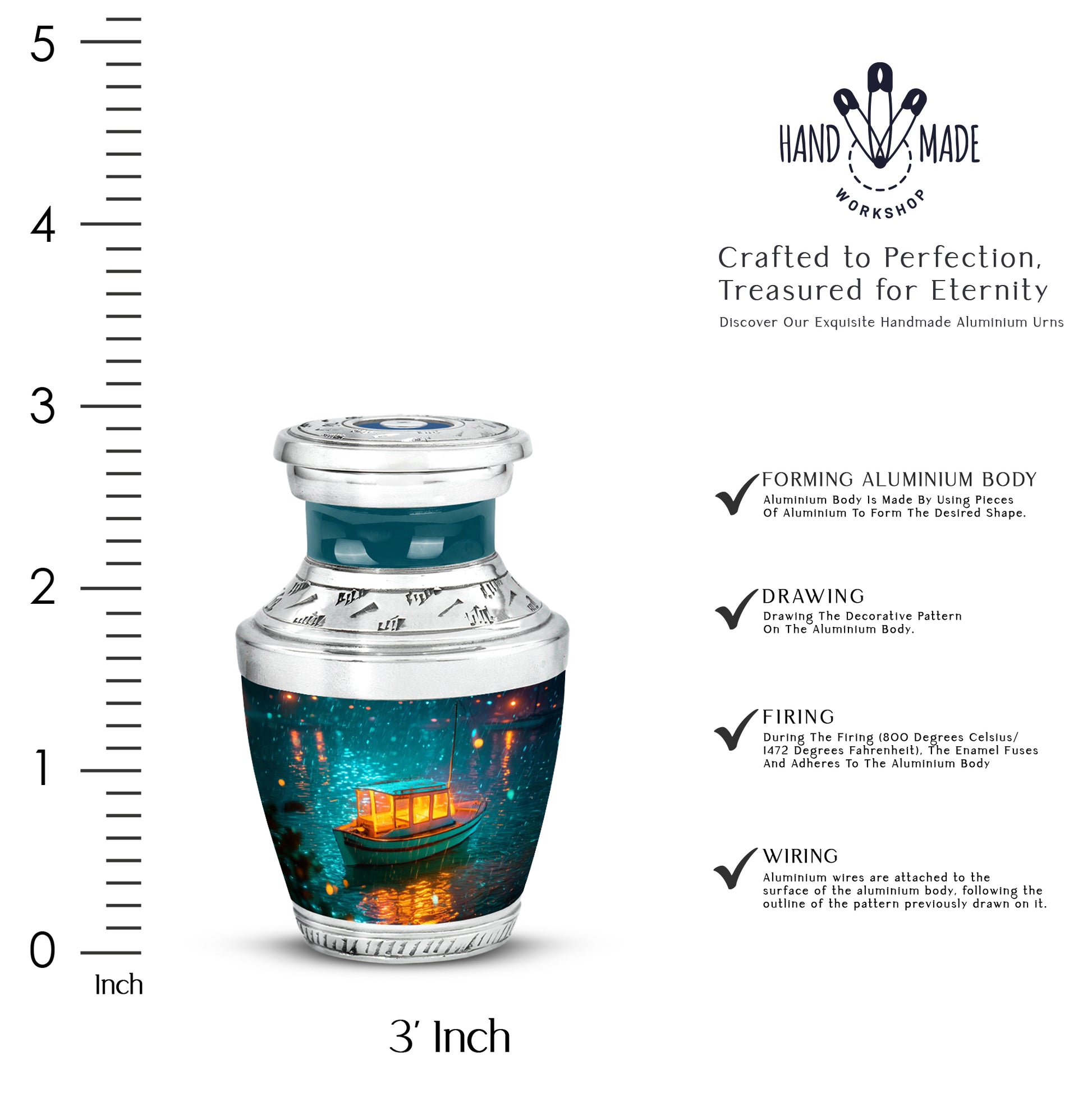 Jewel Teal Boat Cremation Urn top-down view of secure threaded lid - modern art-inspired boat motif on sleek aluminum - mini keepsake memorial for portion of cremation ashes