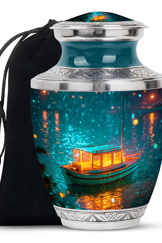 Mystic Teal Boat Cremation Urn side profile showing urn shape - artistic boat interpretation with creative detail - full-size 10 inch 200 cubic inch adult cremation urn
