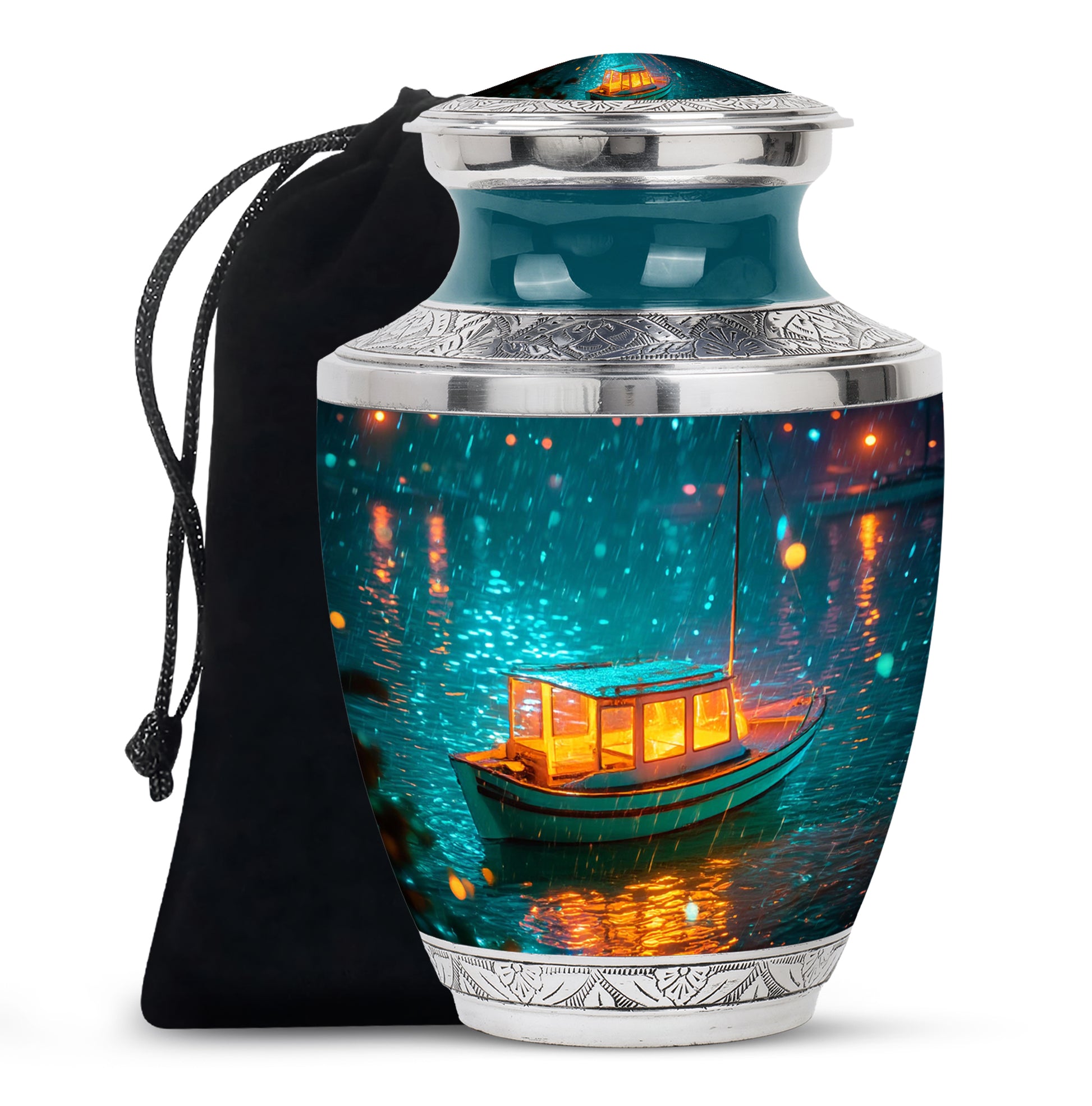 Mystic Teal Boat Cremation Urn side profile showing urn shape - artistic boat interpretation with creative detail - full-size 10 inch 200 cubic inch adult cremation urn