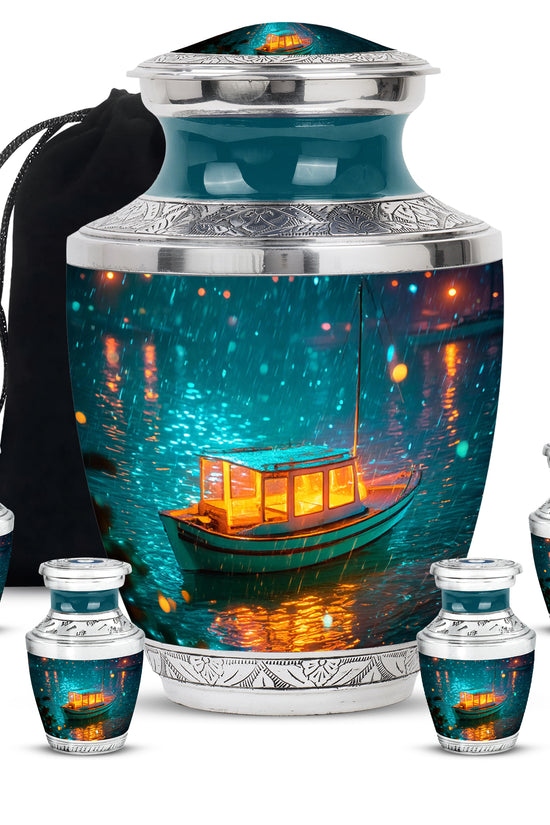 Sea Green Teal Boat Cremation Urn lifestyle display on memorial shelf - contemporary boat design with modern artistic flair - memorial set with one large and four small urns