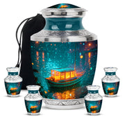 Sea Green Teal Boat Cremation Urn lifestyle display on memorial shelf - contemporary boat design with modern artistic flair - memorial set with one large and four small urns