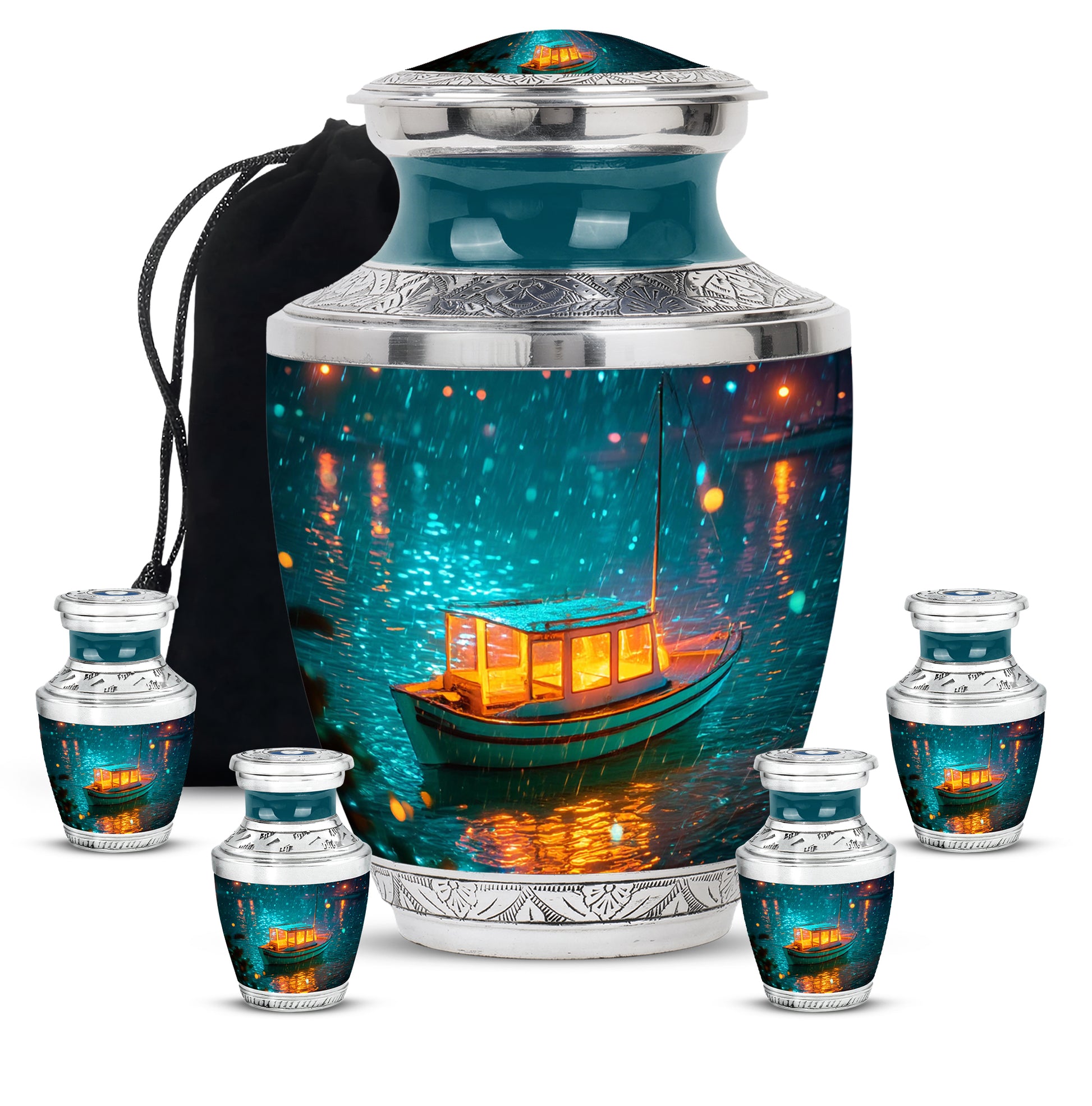 Sea Green Teal Boat Cremation Urn lifestyle display on memorial shelf - contemporary boat design with modern artistic flair - memorial set with one large and four small urns