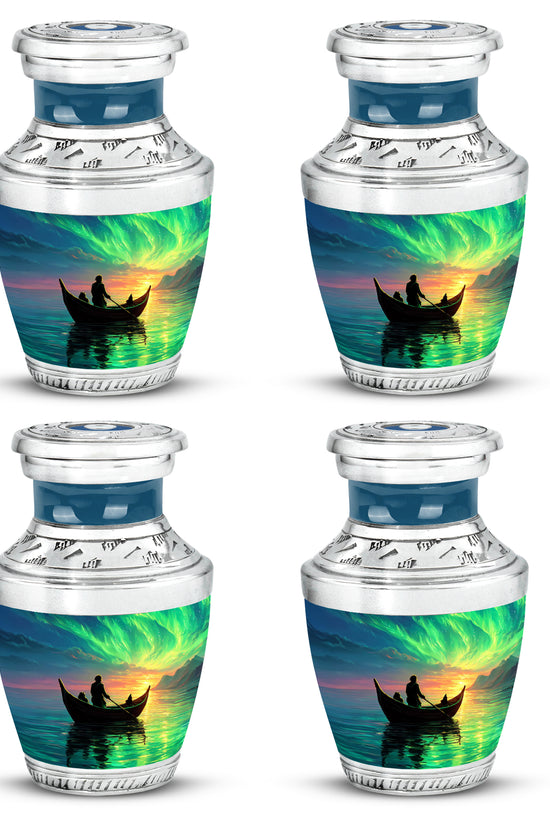 Twilight Blue Boat Cremation Urn back view with polished surface - artistic boat interpretation with creative detail - 10 inch aluminum urn for cremated remains