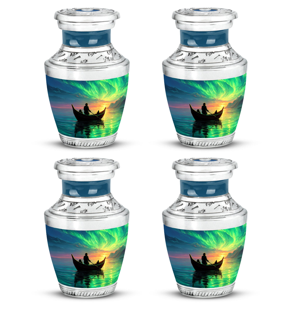 Twilight Blue Boat Cremation Urn back view with polished surface - artistic boat interpretation with creative detail - 10 inch aluminum urn for cremated remains