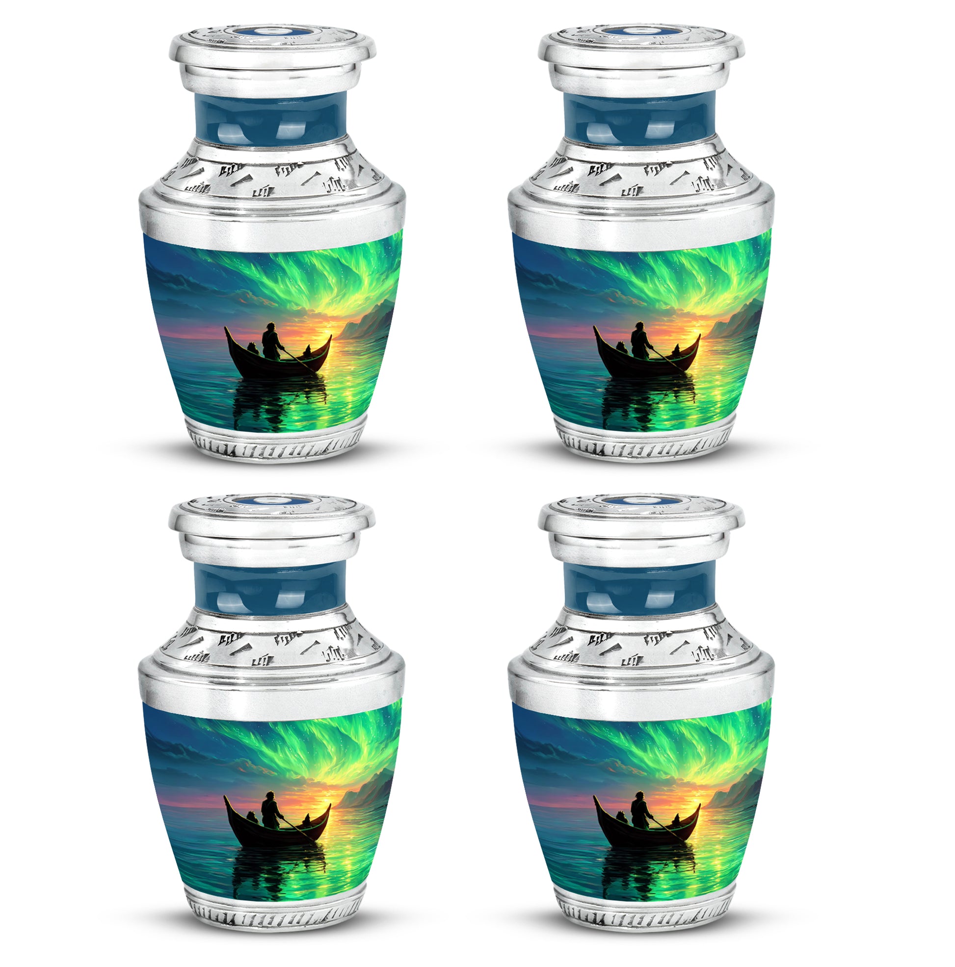 Twilight Blue Boat Cremation Urn back view with polished surface - artistic boat interpretation with creative detail - 10 inch aluminum urn for cremated remains