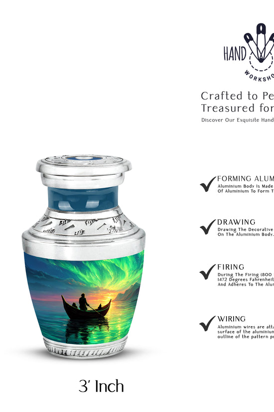Calming Blue Boat Cremation Urn top-down view of secure threaded lid - artistic boat interpretation with creative detail - mini keepsake memorial for portion of cremation ashes
