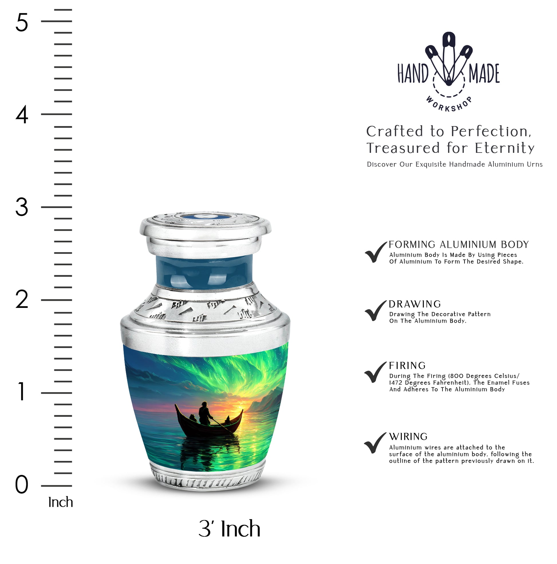 Calming Blue Boat Cremation Urn top-down view of secure threaded lid - artistic boat interpretation with creative detail - mini keepsake memorial for portion of cremation ashes