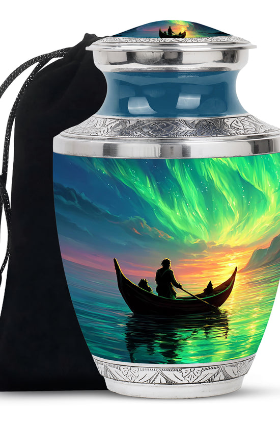 Twilight Blue Boat Cremation Urn side profile showing urn shape - artistic boat interpretation with creative detail - full-size 10 inch 200 cubic inch adult cremation urn
