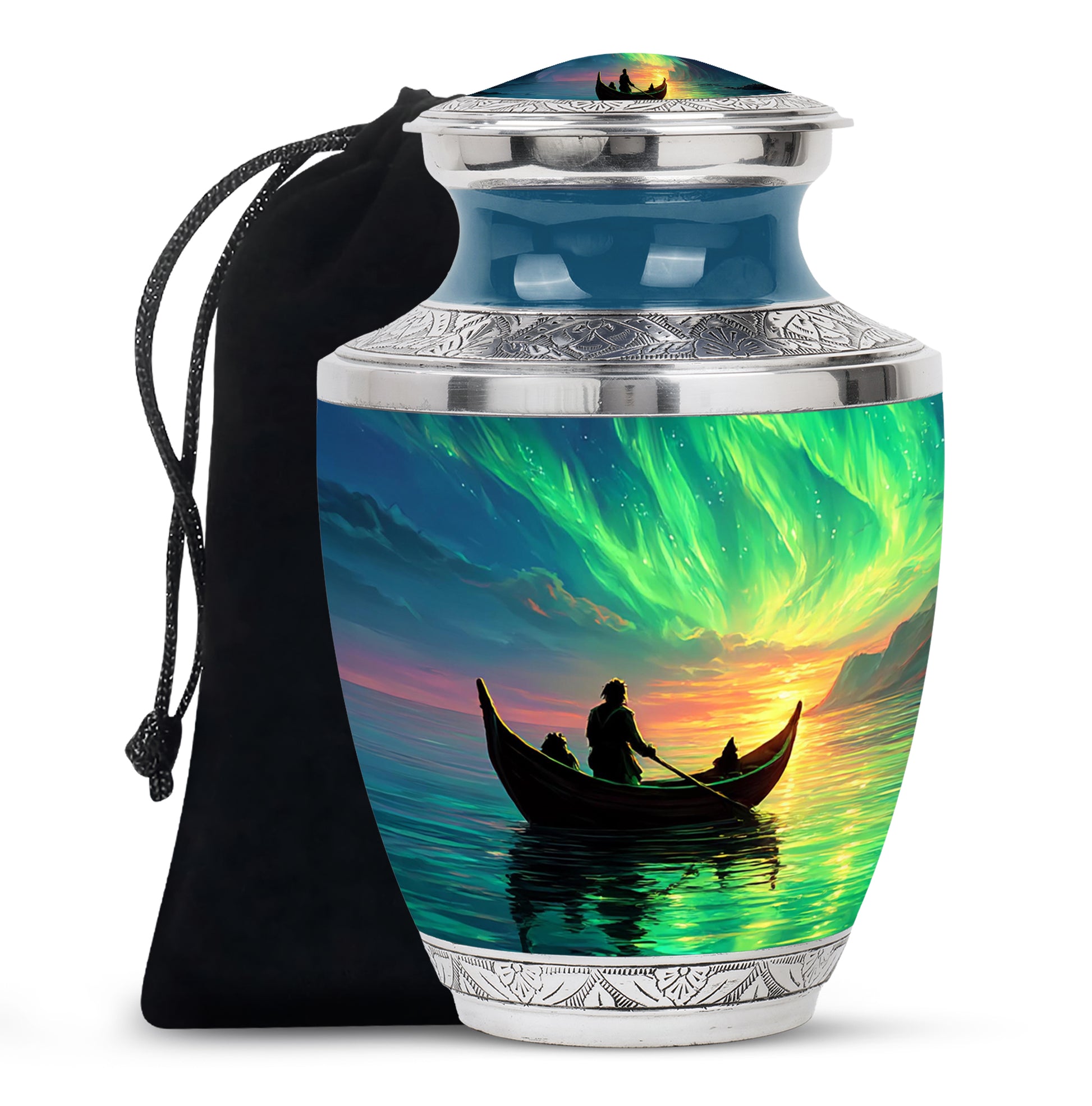 Twilight Blue Boat Cremation Urn side profile showing urn shape - artistic boat interpretation with creative detail - full-size 10 inch 200 cubic inch adult cremation urn