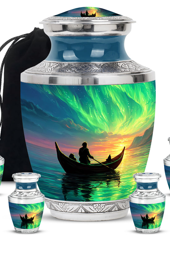 Bright Blue Boat Cremation Urn lifestyle display on memorial shelf - stylized abstract boat pattern with bold lines - memorial set with one large and four small urns
