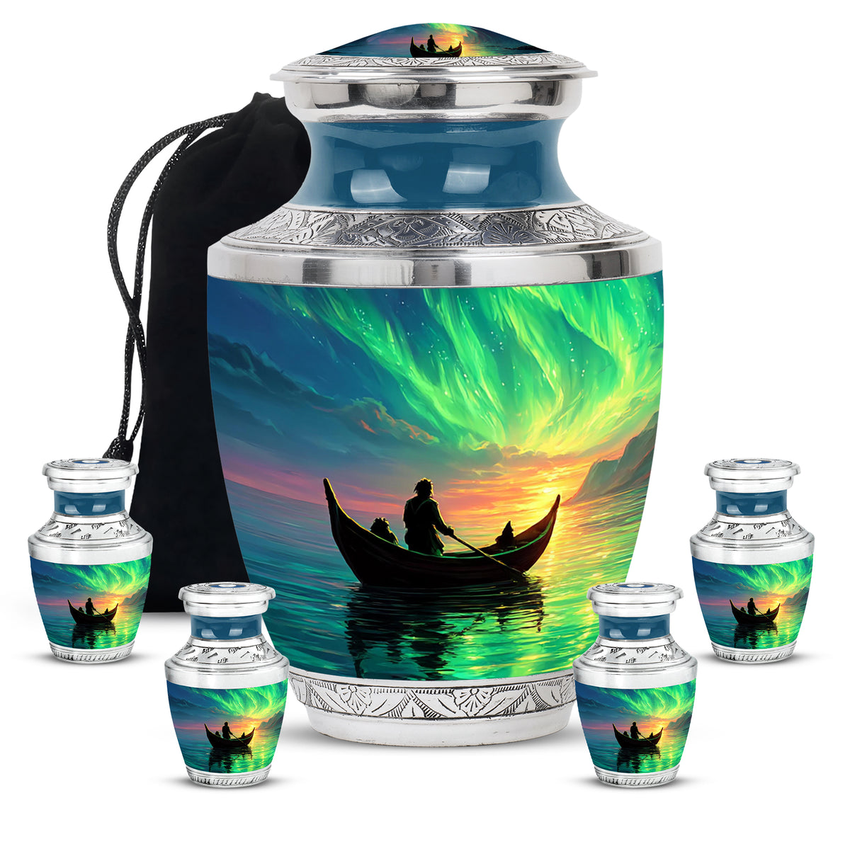 Bright Blue Boat Cremation Urn lifestyle display on memorial shelf - stylized abstract boat pattern with bold lines - memorial set with one large and four small urns