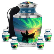 Bright Blue Boat Cremation Urn lifestyle display on memorial shelf - stylized abstract boat pattern with bold lines - memorial set with one large and four small urns