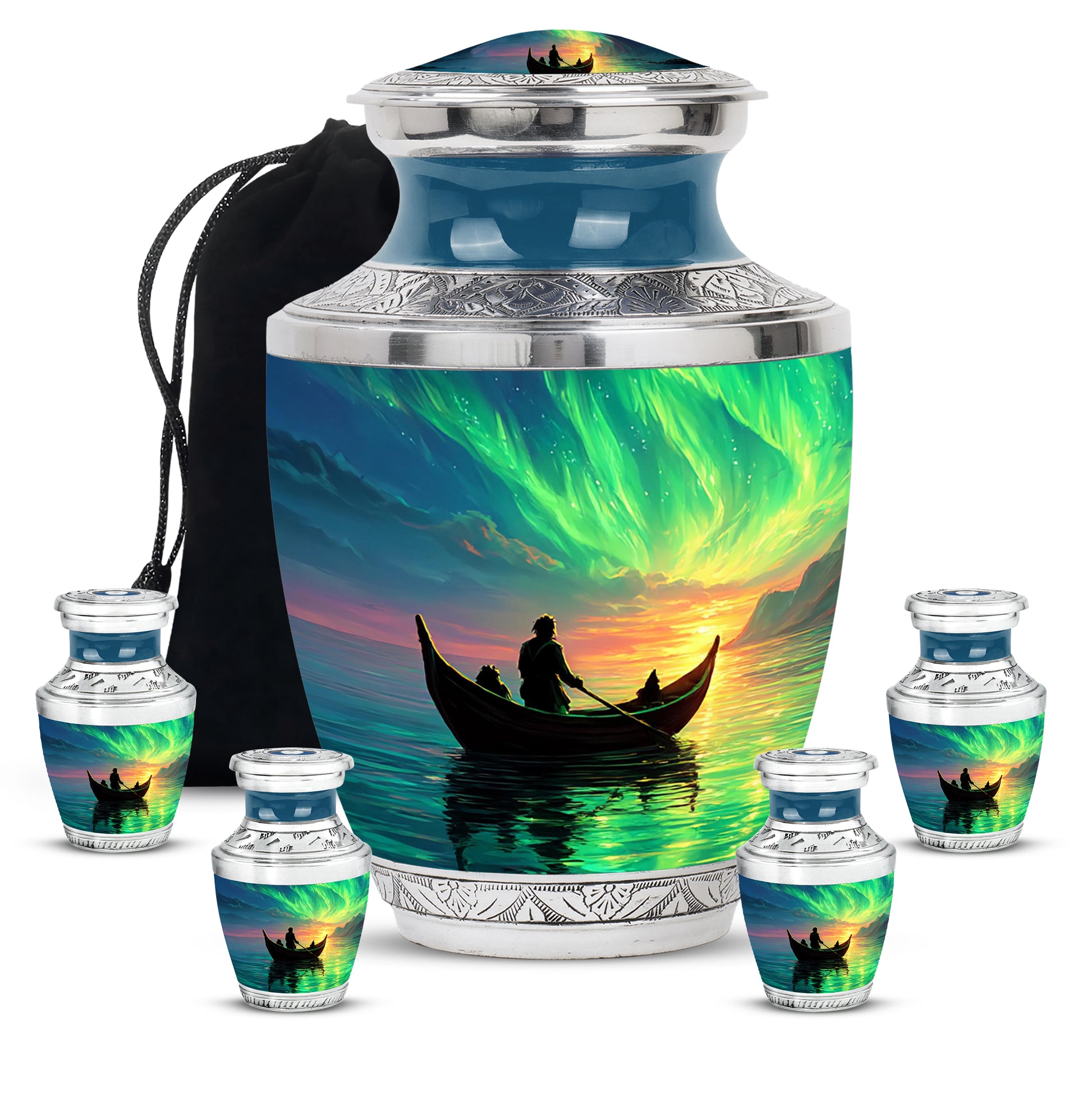 Bright Blue Boat Cremation Urn lifestyle display on memorial shelf - stylized abstract boat pattern with bold lines - memorial set with one large and four small urns