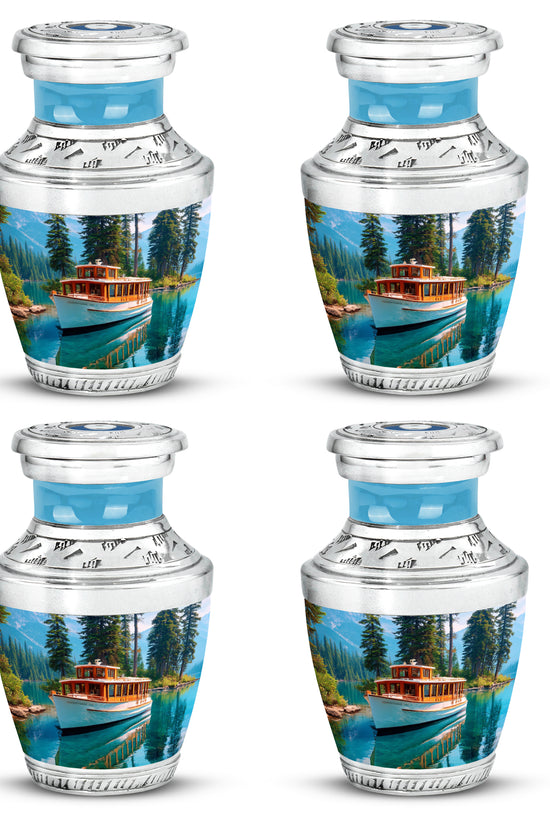 Calming Blue Boat Cremation Urn back view with polished surface - stylized abstract boat pattern with bold lines - 10 inch aluminum urn for cremated remains