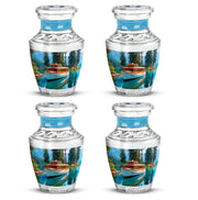 Calming Blue Boat Cremation Urn back view with polished surface - stylized abstract boat pattern with bold lines - 10 inch aluminum urn for cremated remains