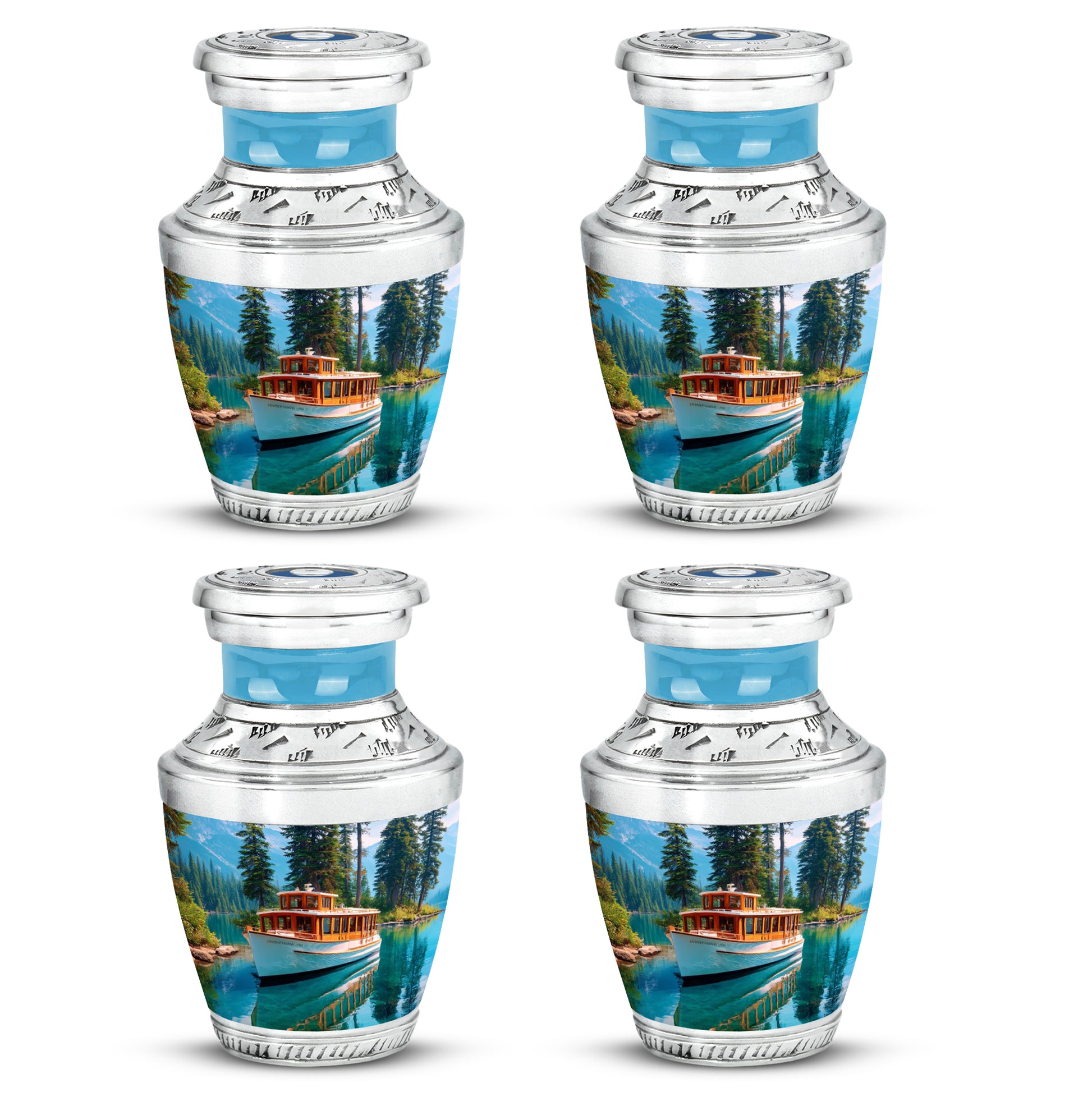 Calming Blue Boat Cremation Urn back view with polished surface - stylized abstract boat pattern with bold lines - 10 inch aluminum urn for cremated remains