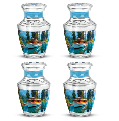 Calming Blue Boat Cremation Urn back view with polished surface - stylized abstract boat pattern with bold lines - 10 inch aluminum urn for cremated remains