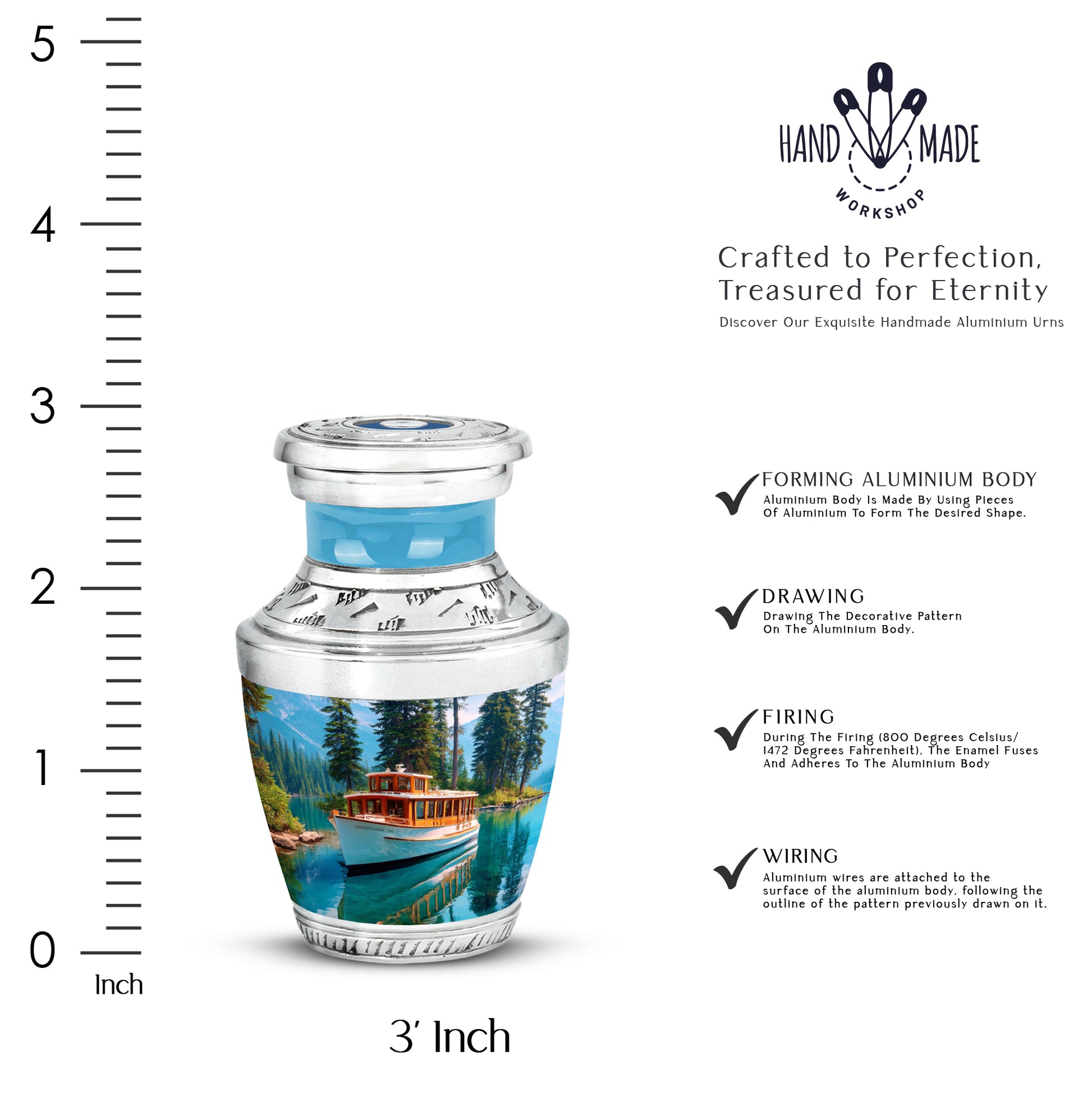 Powder Blue Boat Cremation Urn top-down view of secure threaded lid - modern art-inspired boat motif on sleek aluminum - mini keepsake memorial for portion of cremation ashes