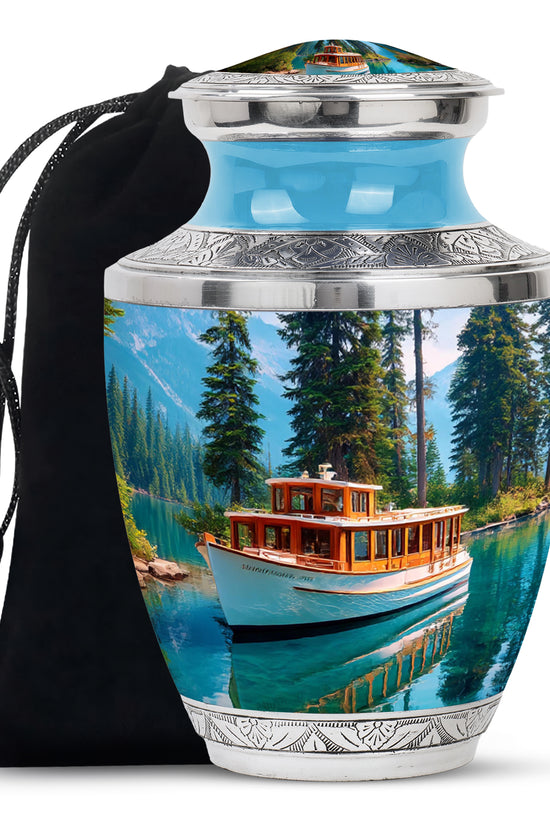 Soft Blue Boat Cremation Urn side profile showing urn shape - artistic boat interpretation with creative detail - full-size 10 inch 200 cubic inch adult cremation urn