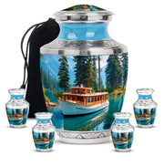 Vivid Blue Boat Cremation Urn lifestyle display on memorial shelf - stylized abstract boat pattern with bold lines - memorial set with one large and four small urns