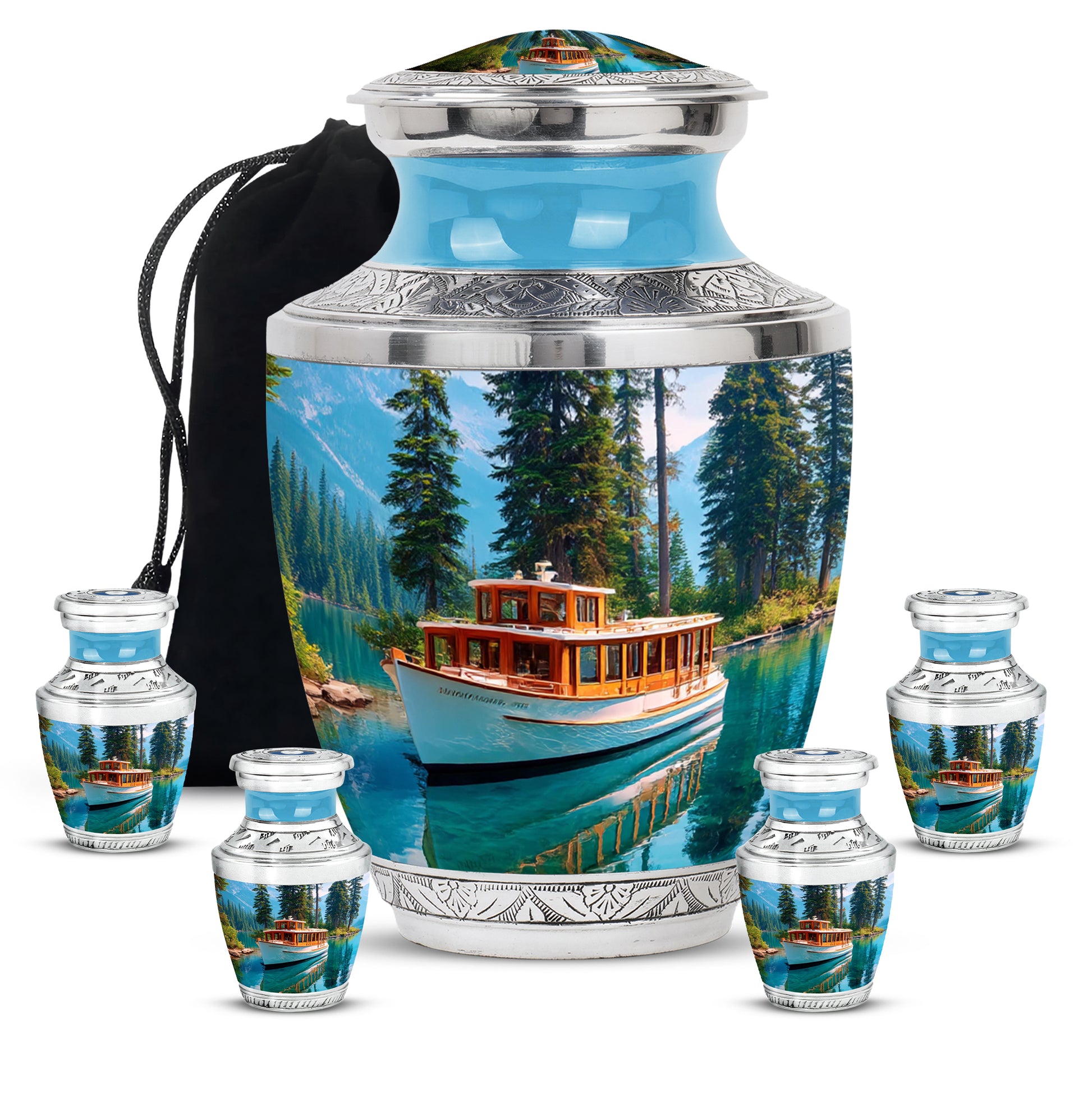 Vivid Blue Boat Cremation Urn lifestyle display on memorial shelf - stylized abstract boat pattern with bold lines - memorial set with one large and four small urns
