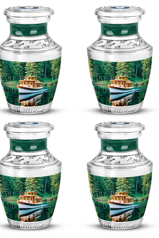 Cool Teal Boat Cremation Urn back view with polished surface - contemporary boat design with modern artistic flair - 10 inch aluminum urn for cremated remains