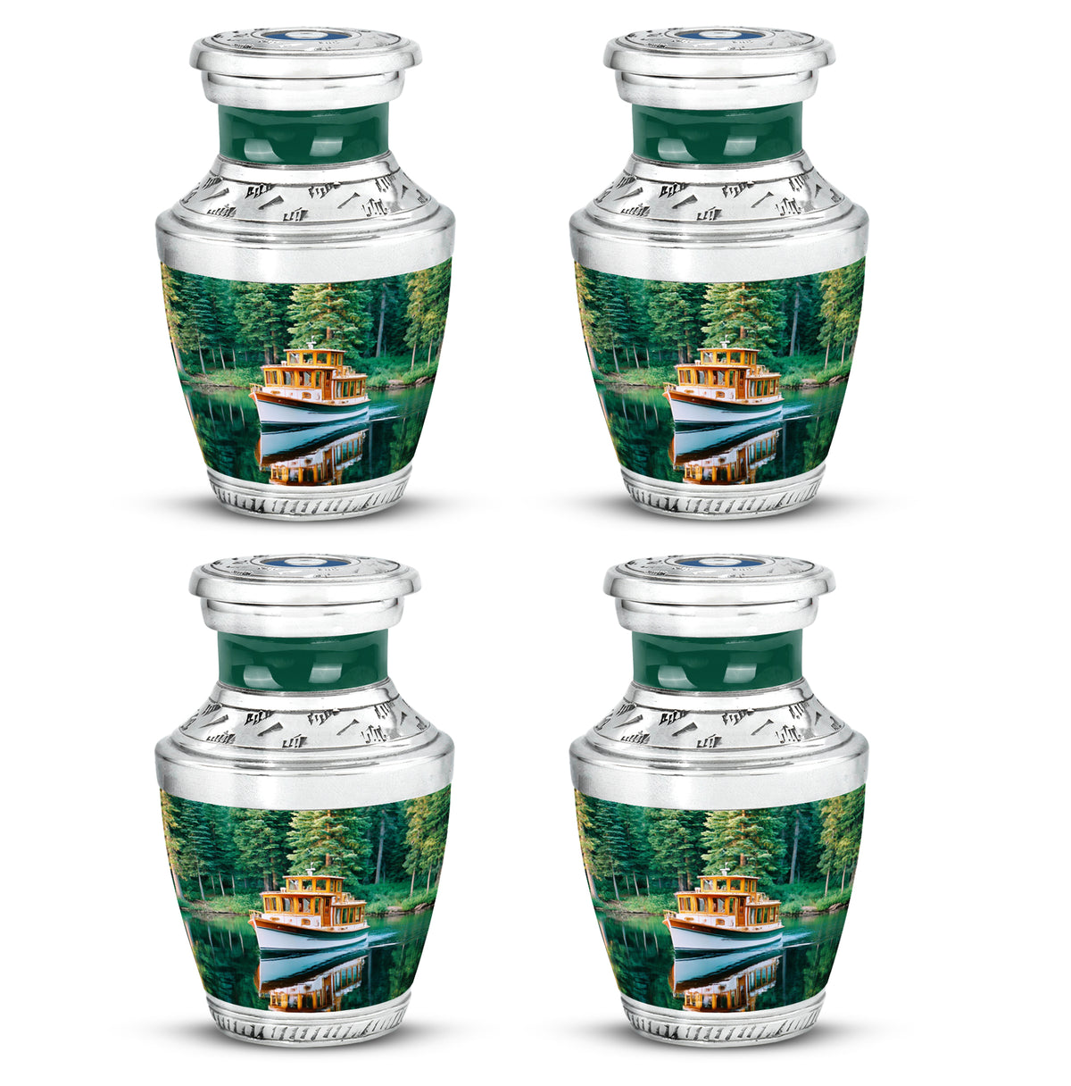 Cool Teal Boat Cremation Urn back view with polished surface - contemporary boat design with modern artistic flair - 10 inch aluminum urn for cremated remains