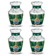 Cool Teal Boat Cremation Urn back view with polished surface - contemporary boat design with modern artistic flair - 10 inch aluminum urn for cremated remains