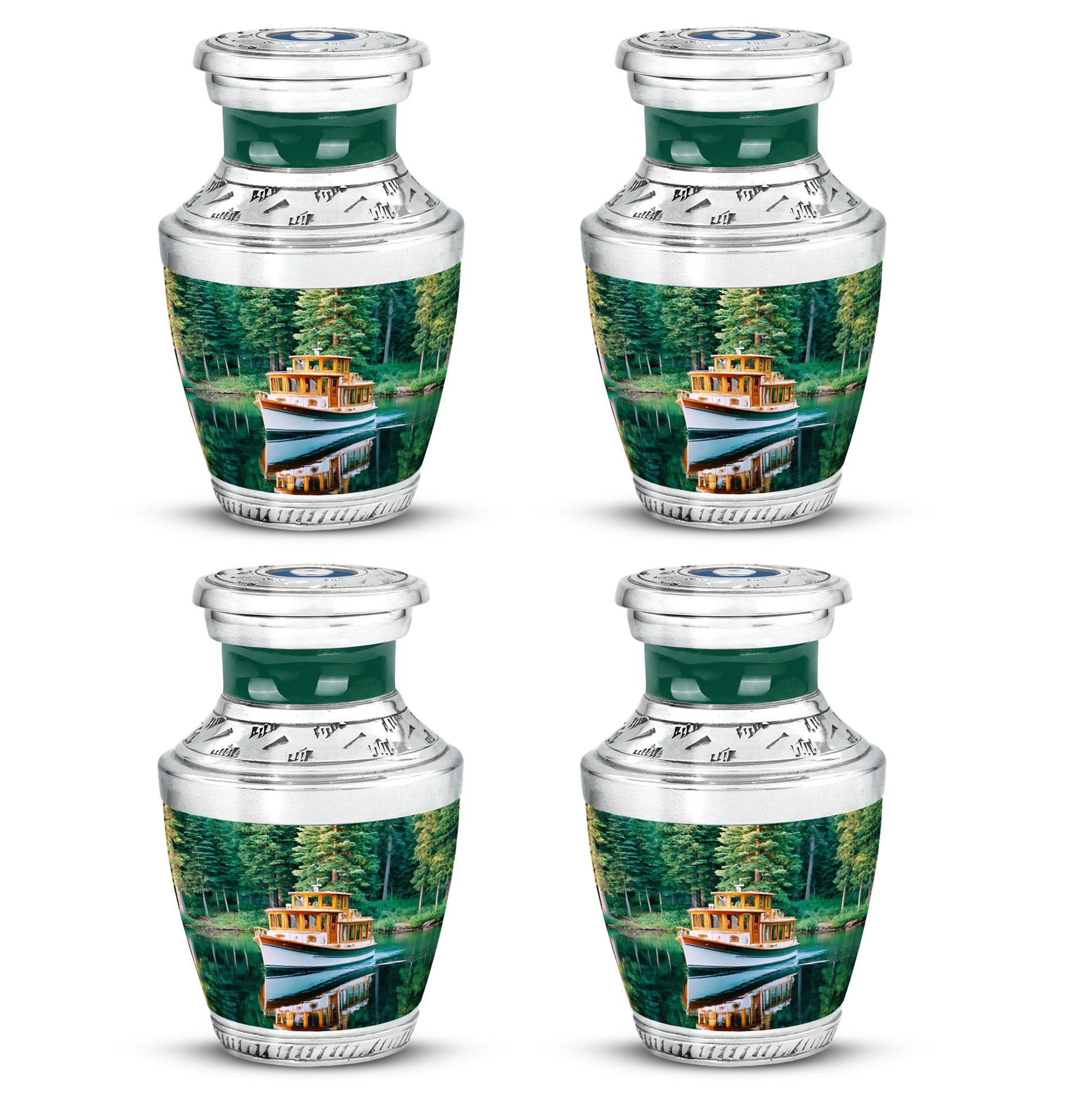 Cool Teal Boat Cremation Urn back view with polished surface - contemporary boat design with modern artistic flair - 10 inch aluminum urn for cremated remains