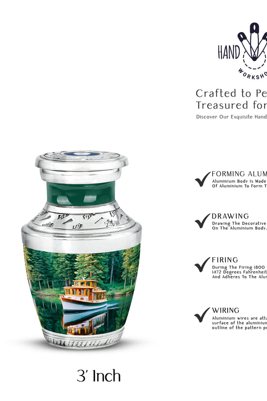 Aqua Teal Boat Cremation Urn top-down view of secure threaded lid - stylized abstract boat pattern with bold lines - mini keepsake memorial for portion of cremation ashes
