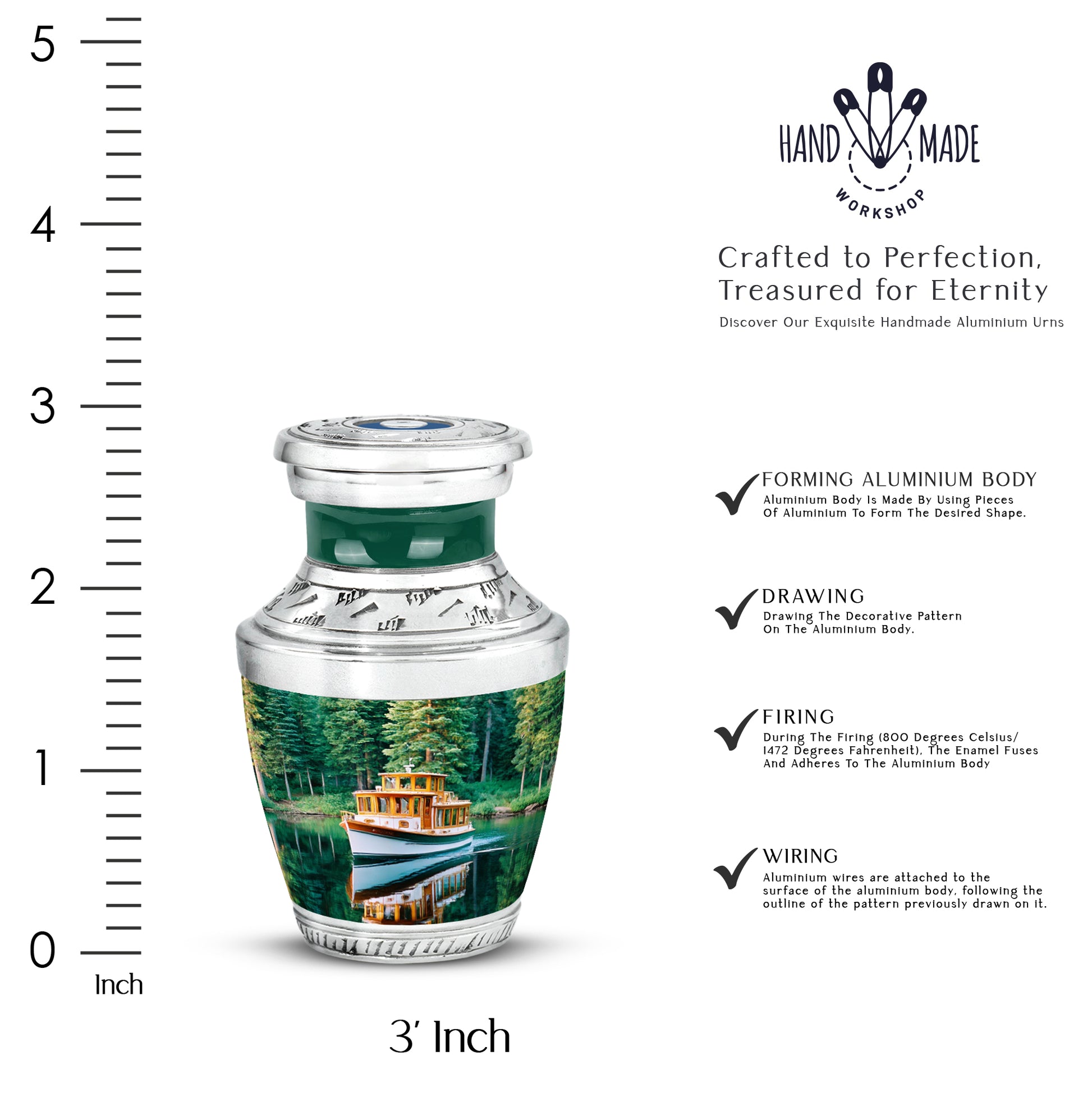 Aqua Teal Boat Cremation Urn top-down view of secure threaded lid - stylized abstract boat pattern with bold lines - mini keepsake memorial for portion of cremation ashes