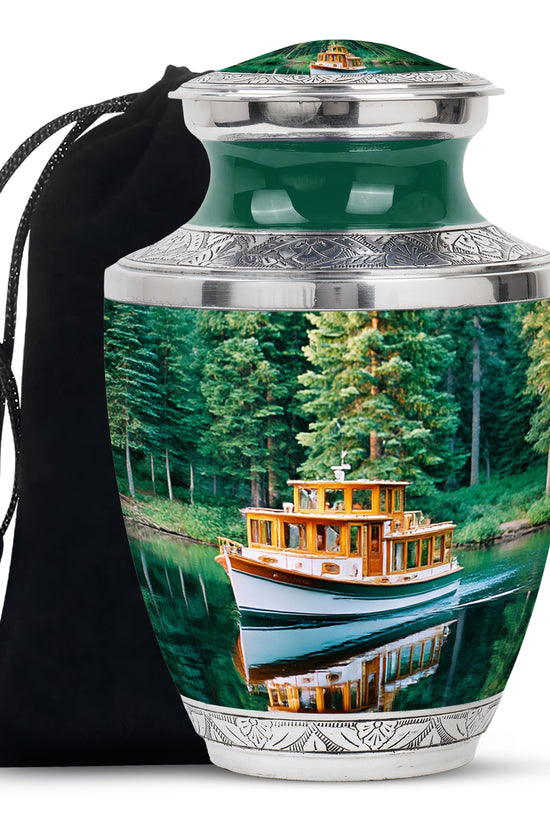 Mystic Teal Boat Cremation Urn side profile showing urn shape - artistic boat interpretation with creative detail - full-size 10 inch 200 cubic inch adult cremation urn