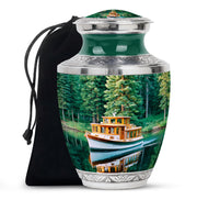 Mystic Teal Boat Cremation Urn side profile showing urn shape - artistic boat interpretation with creative detail - full-size 10 inch 200 cubic inch adult cremation urn
